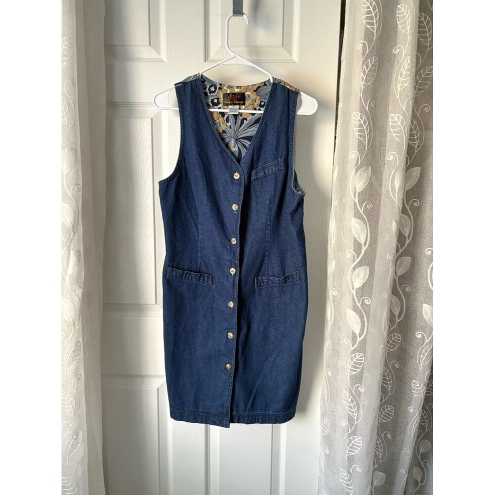 Vintage Truly Yours denim button front sleeveless jumper dress cotton size 8P